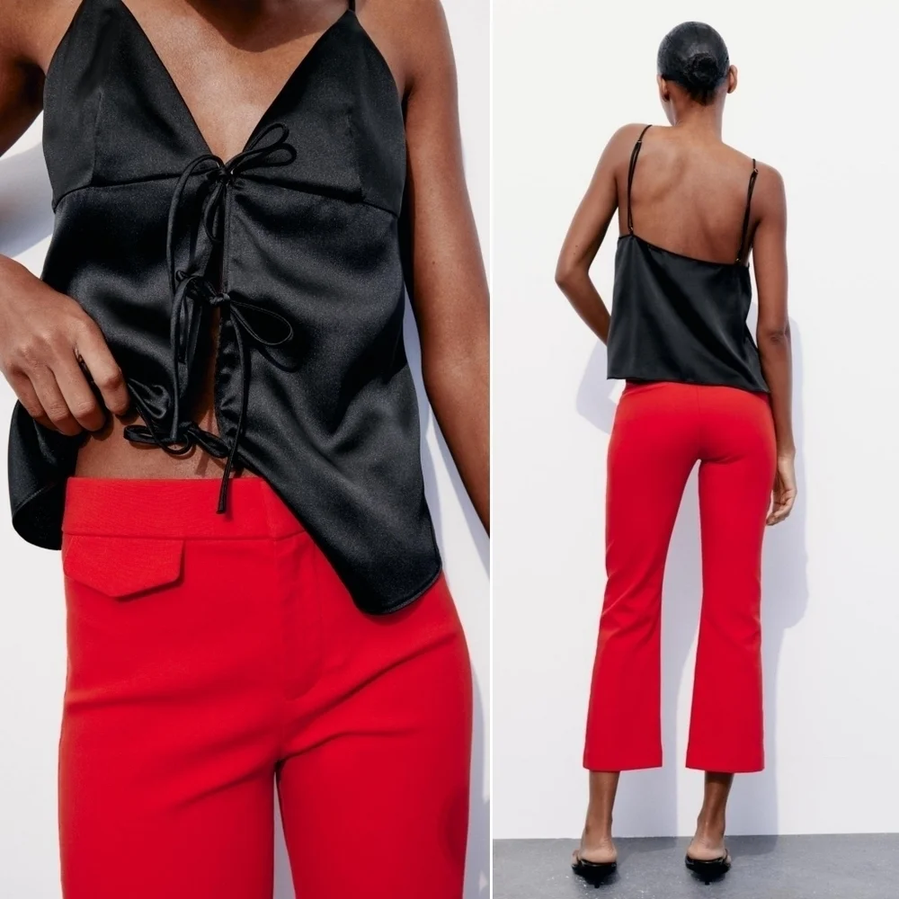 ZARA // blogger fave red stretch high waist crop mini flare pants